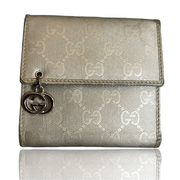 GUCCI Silver Gg Supreme Champagne Canvas & Leather Charm Trifold Wallet